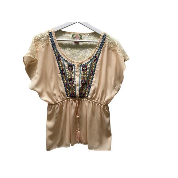 Flying Tomato blouse embroidered short sleeves with lace trim, elastic waist L - Picture 4 of 5